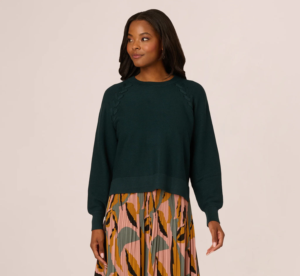 Long Sleeve Laced Raglan Sweater In Forest Teal