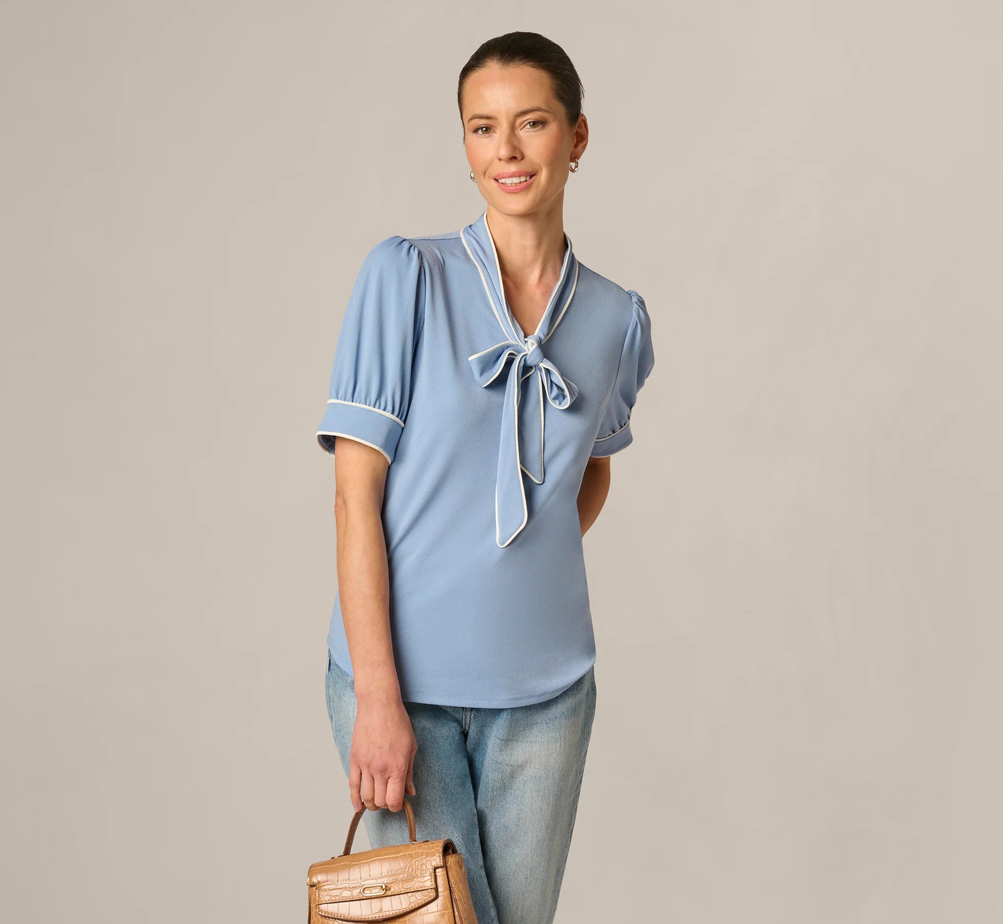 Puff Sleeve Tie Neck Top In Rainwashed Ivory