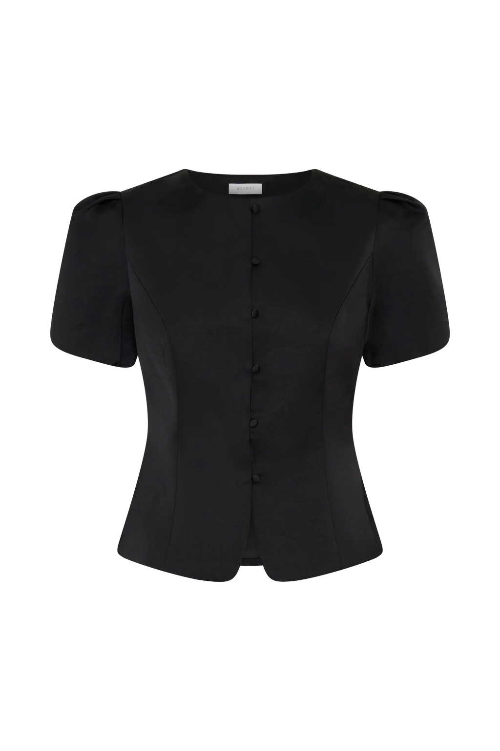 Anne Short Sleeve Satin Top - Black