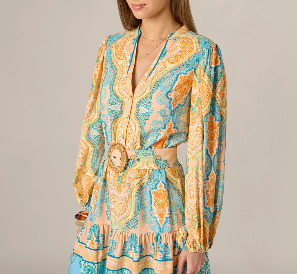 Bishop Sleeve Paisley Print Belted Short Dress In Peach Multi