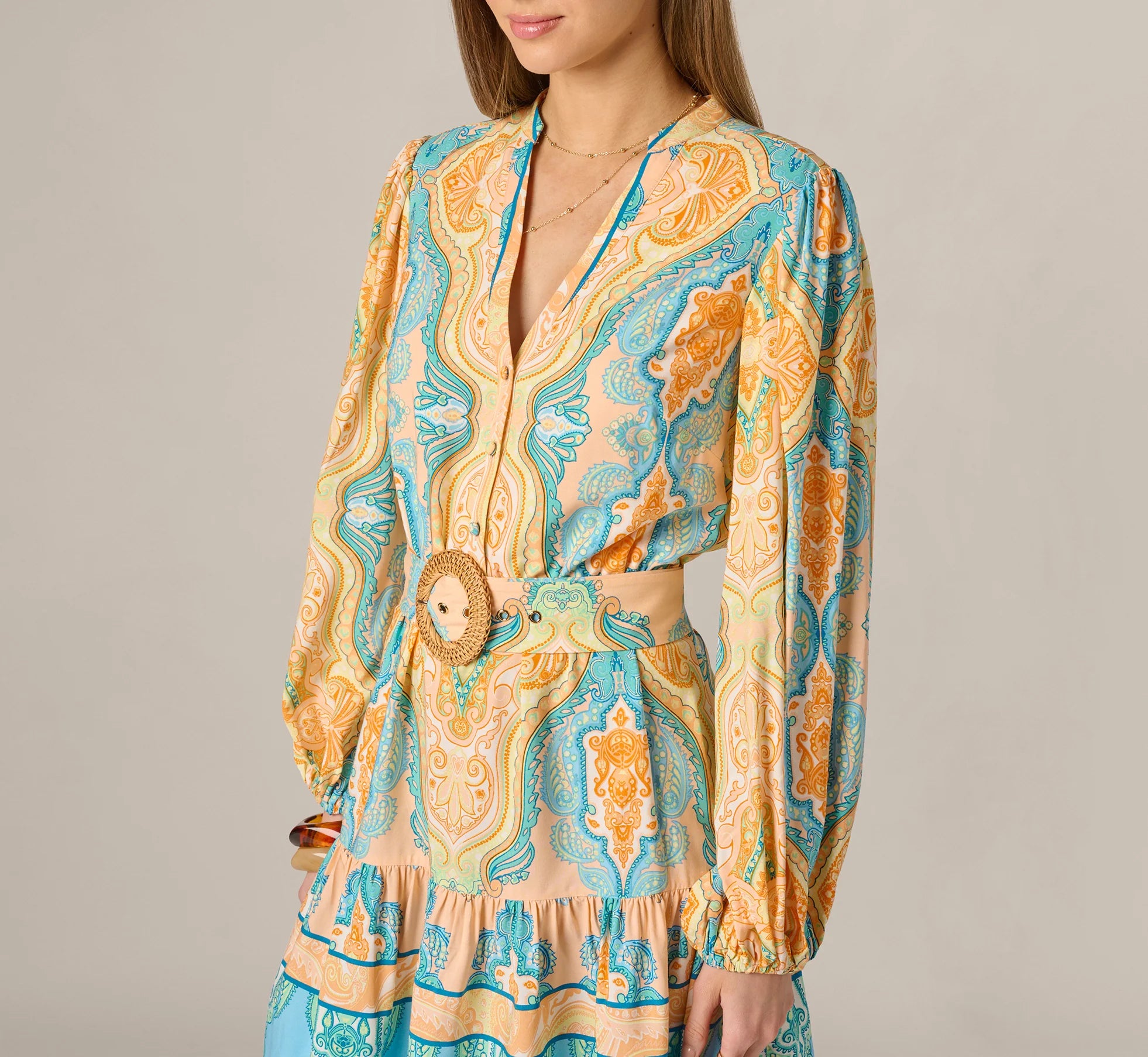 Bishop Sleeve Paisley Print Belted Short Dress In Peach Multi