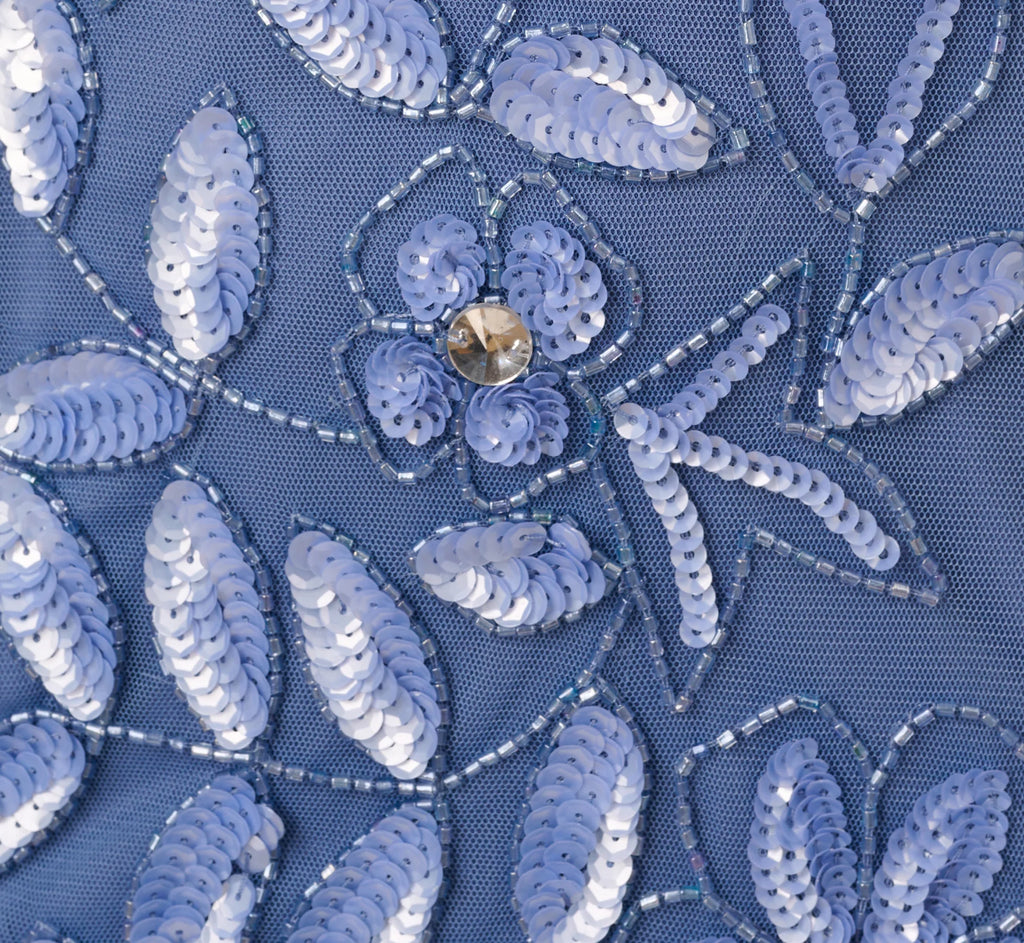 Off Shoulder Floral Beaded Godet Gown In French Blue