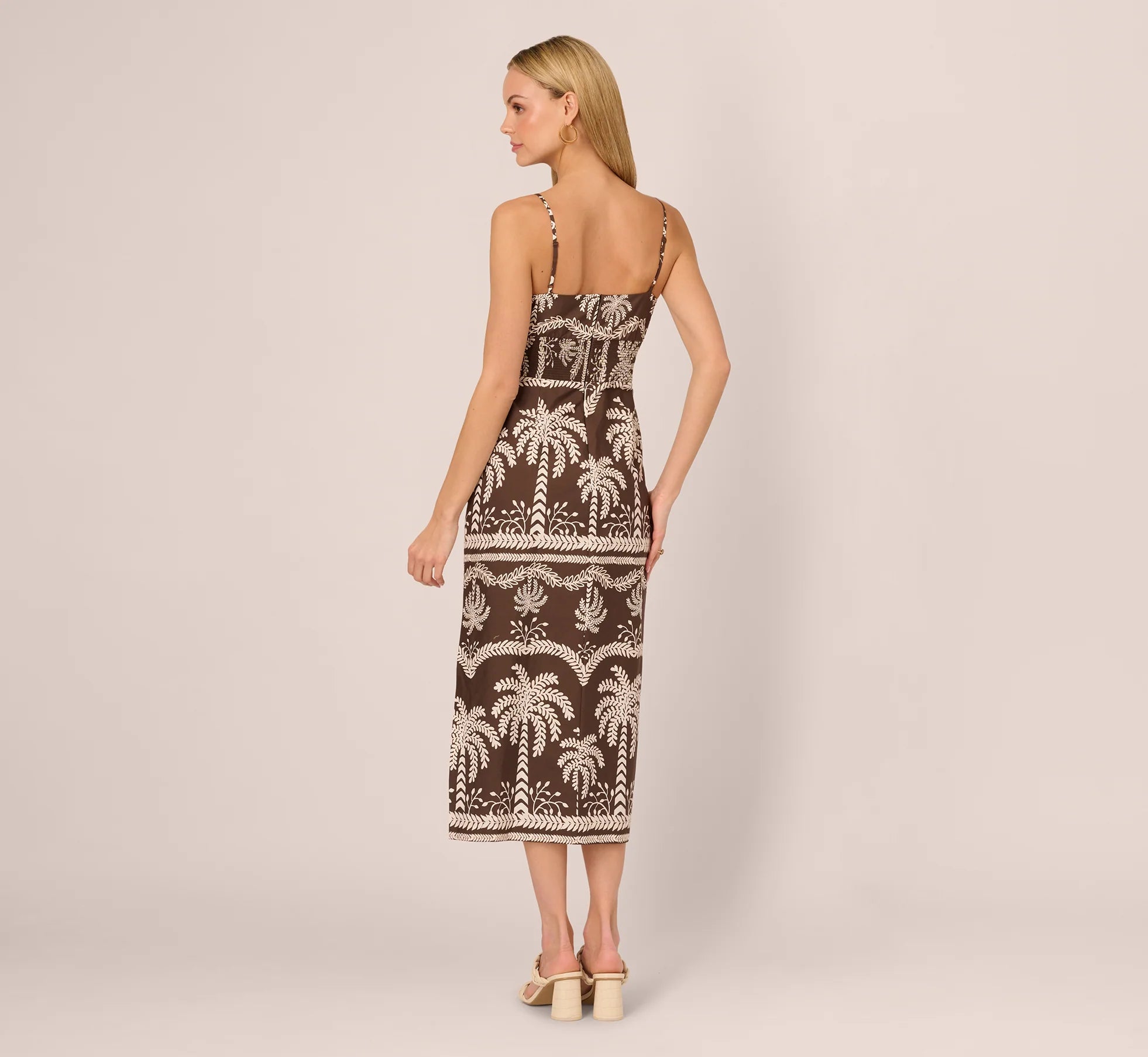 Sleeveless Bow Front Palm Tree Sundress In Brown Ivory