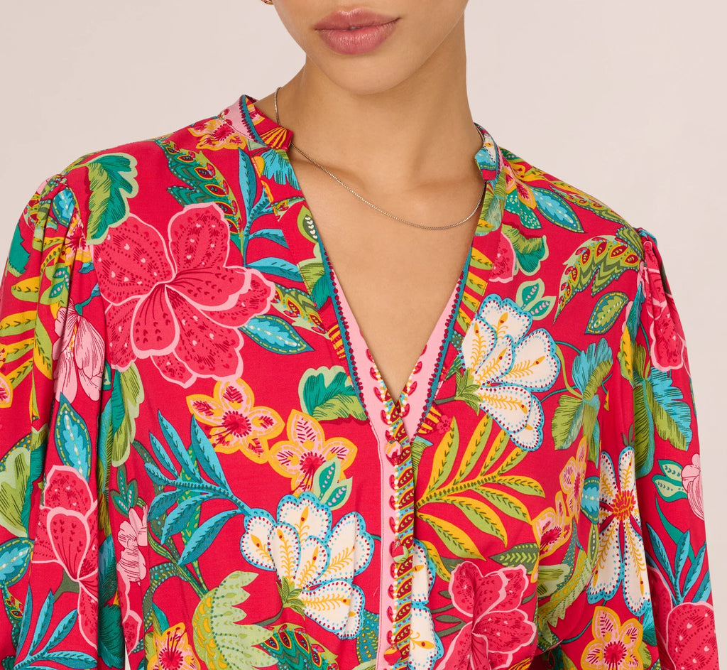 Bishop Sleeve Tropical Floral Short Dress In Red Multi