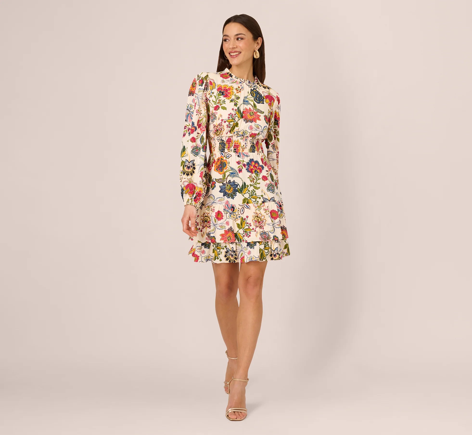 Floral Print Dress With Long Bishop Sleeves In Ecru Multi