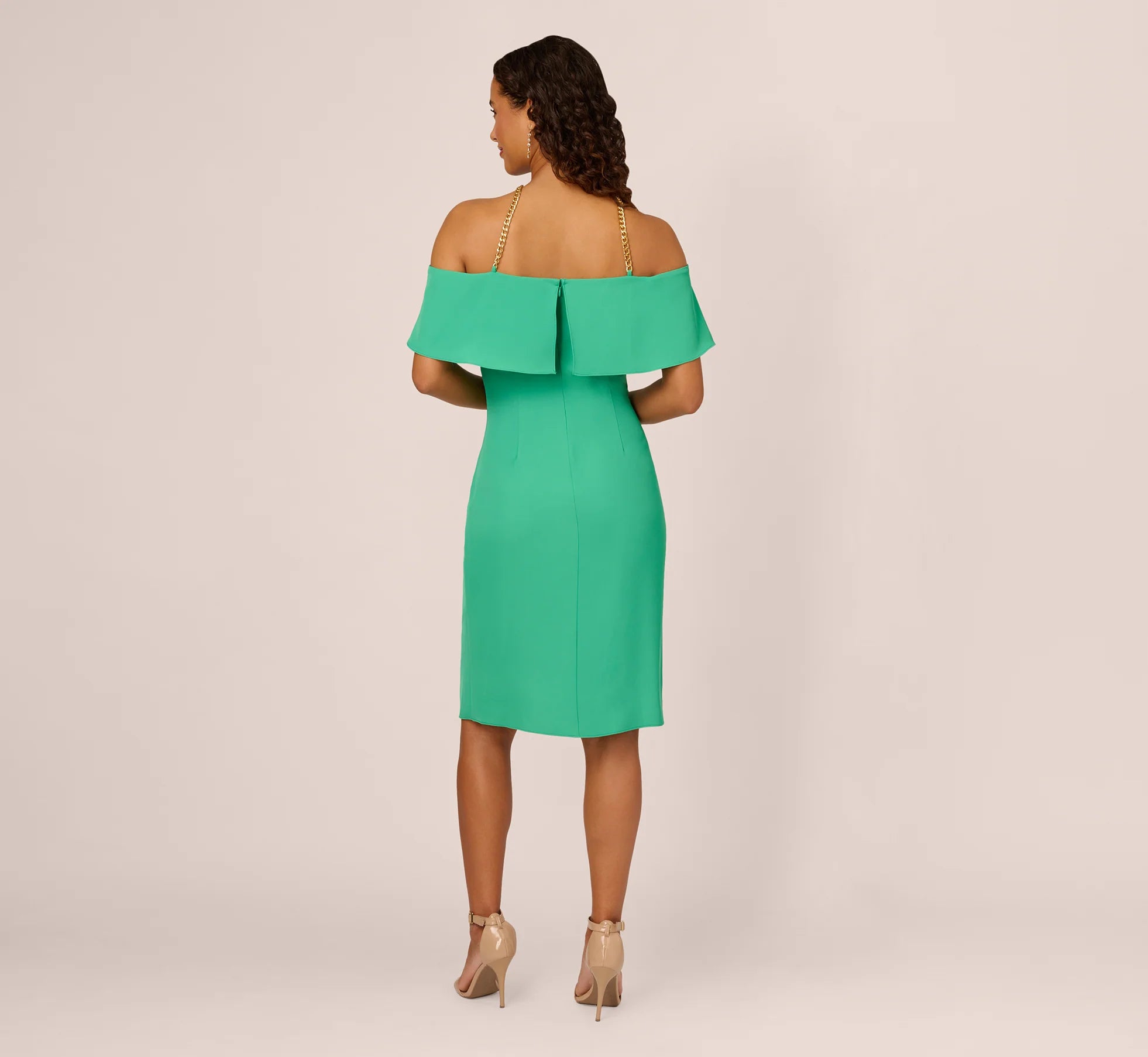 Ruffle Popover Midi Dress With Chain Halter Neckline In Flora Green