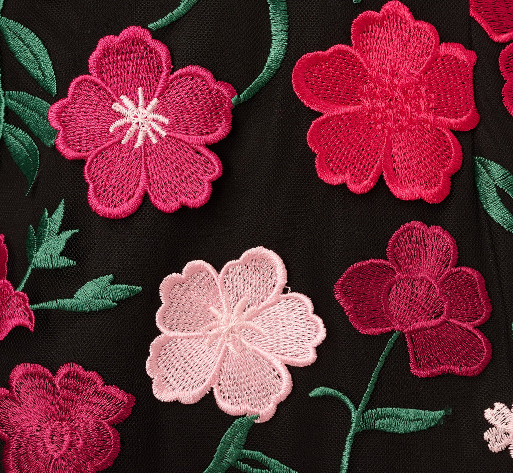 Floral Embroidered Flounce Dress With Sheer Short Sleeves In Black Berry