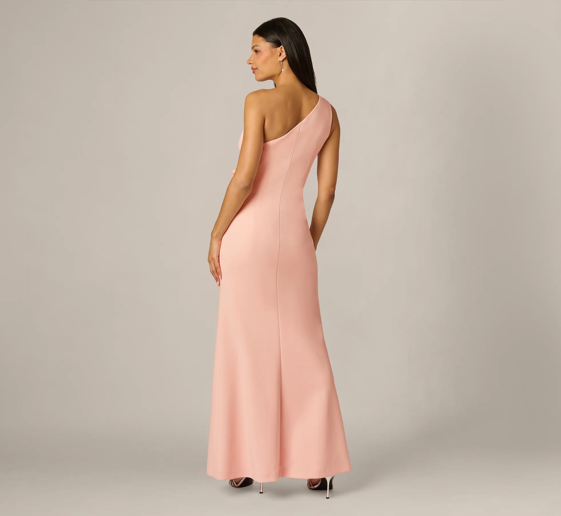 One Shoulder Stretch Rosette Gown In Blush Whisper