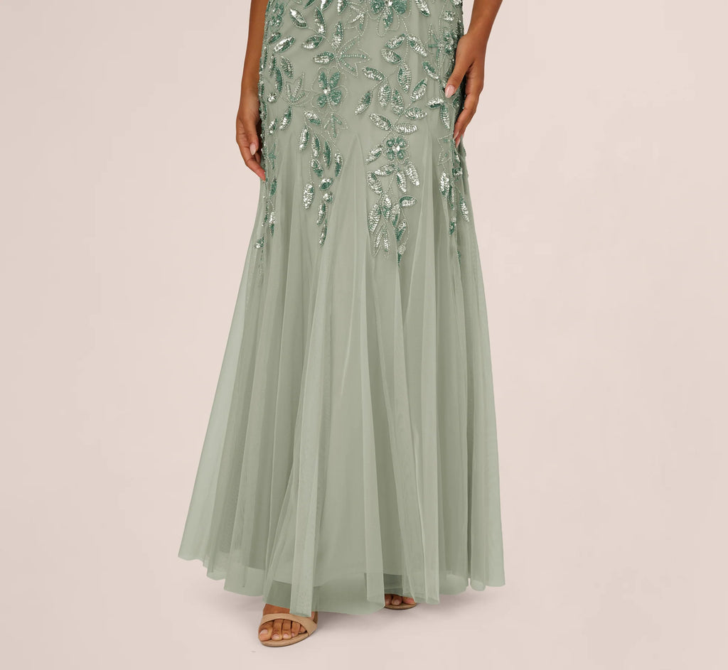 Floral Beaded Godet Cape Gown In Aqua Dust
