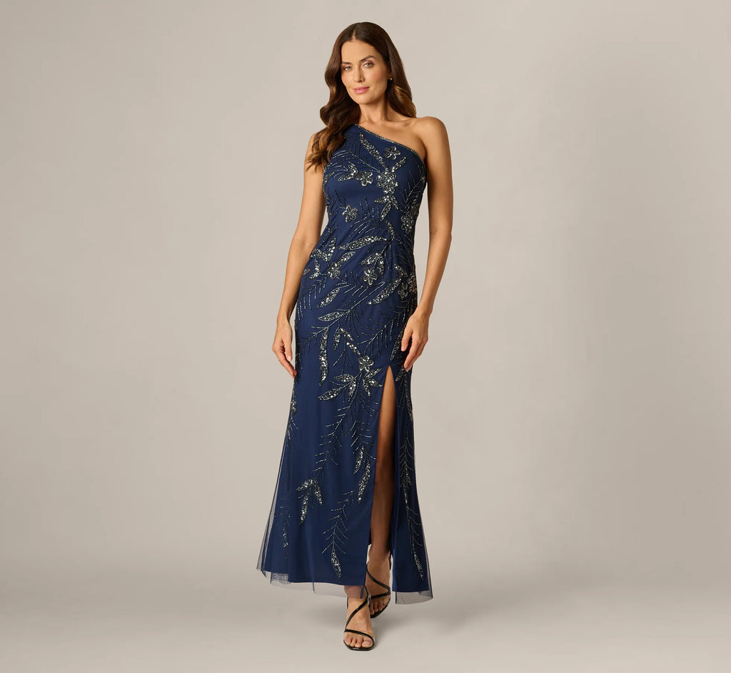 One Shoulder Floral Sequin Bead Gown In Light Navy