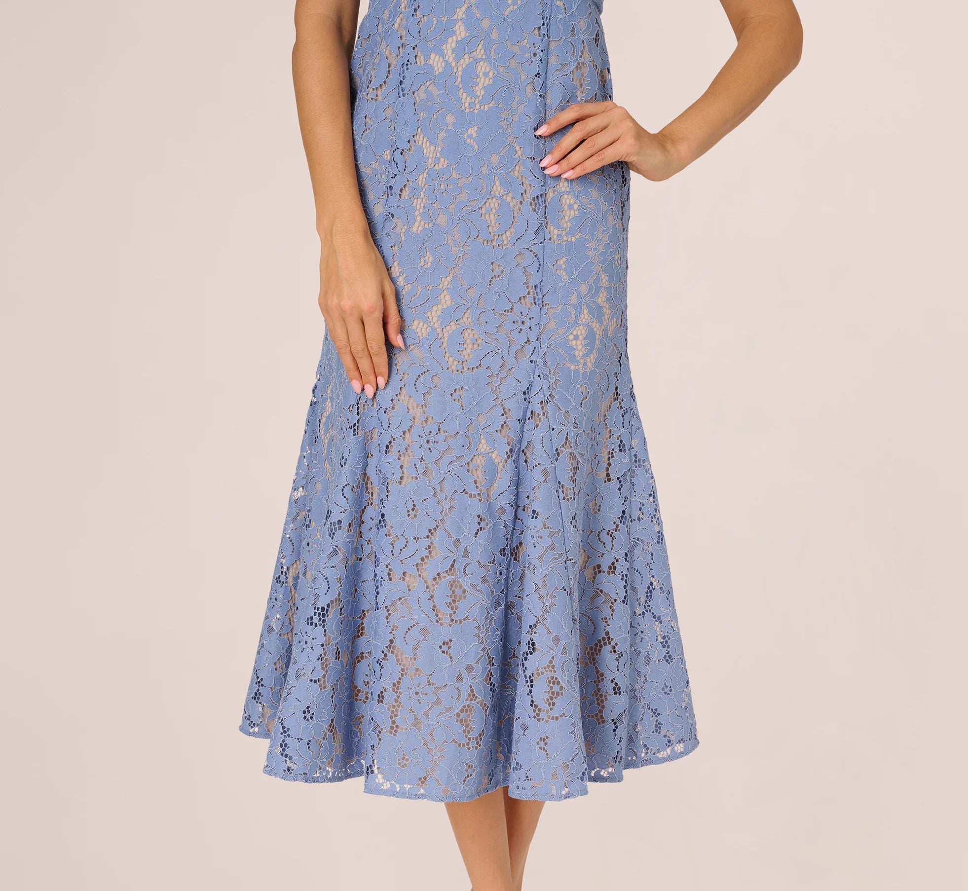 Cap Sleeve Lace Midi Dress In French Blue Nude