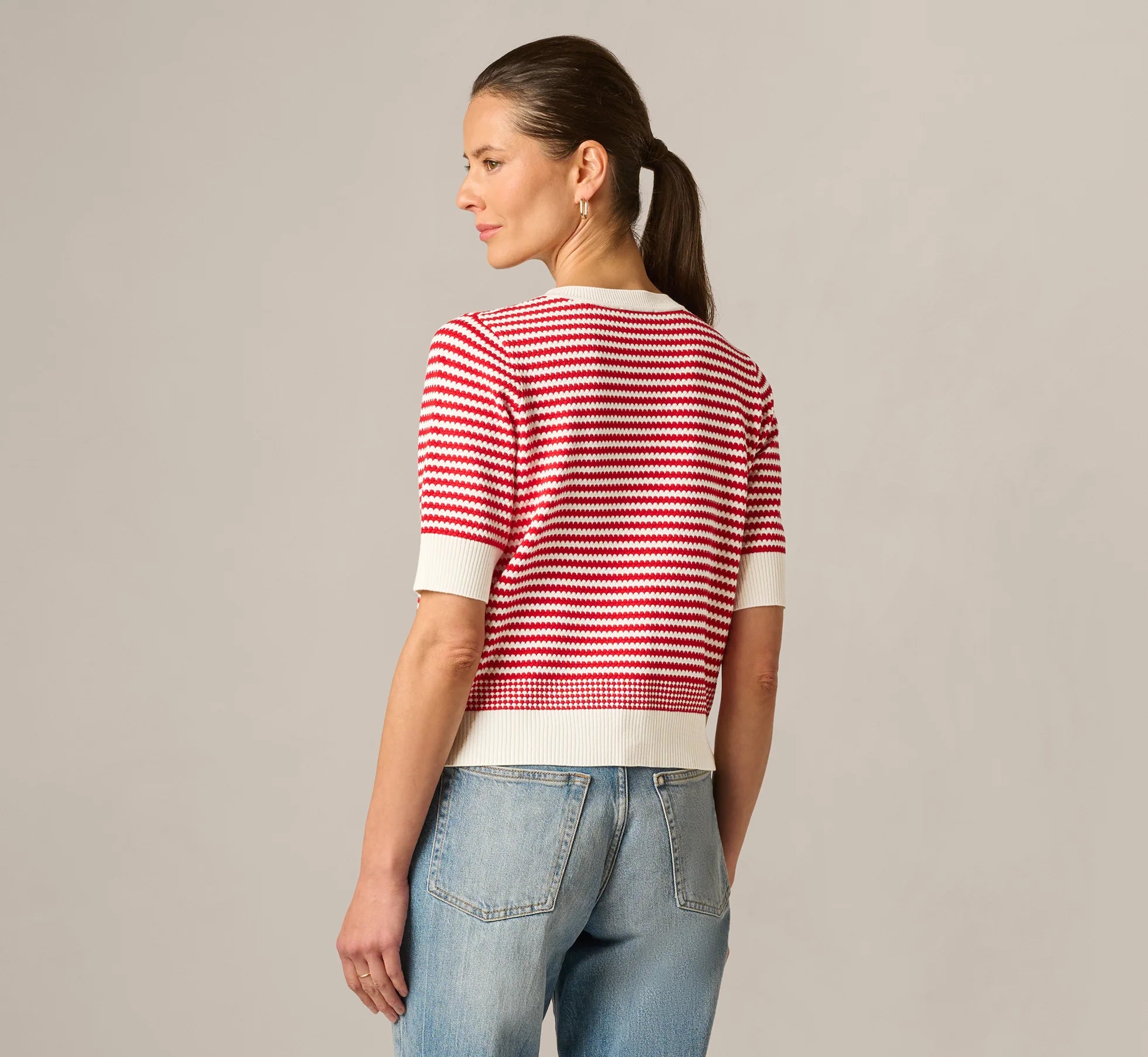 Short Sleeve Metallic Button Cardigan Sweater In Ivory Red