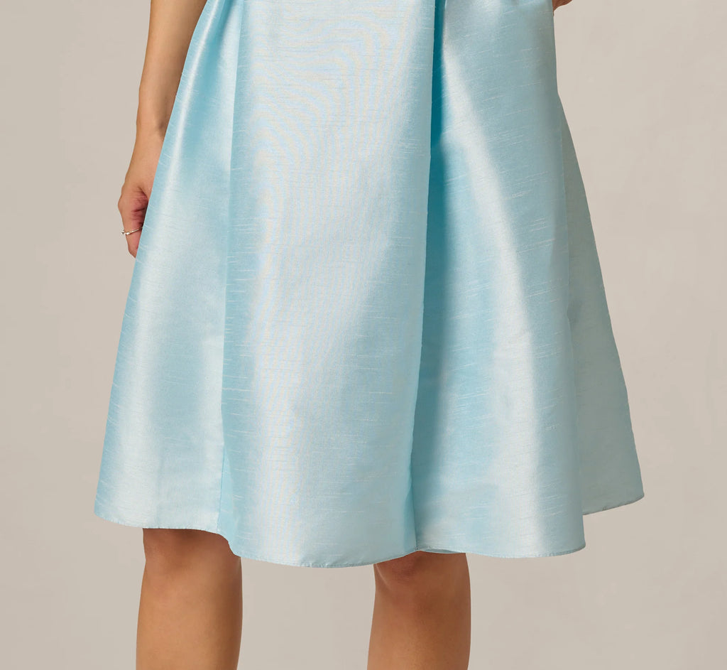 Floral Beaded Shantung Fit And Flare Dress In Sky Multi