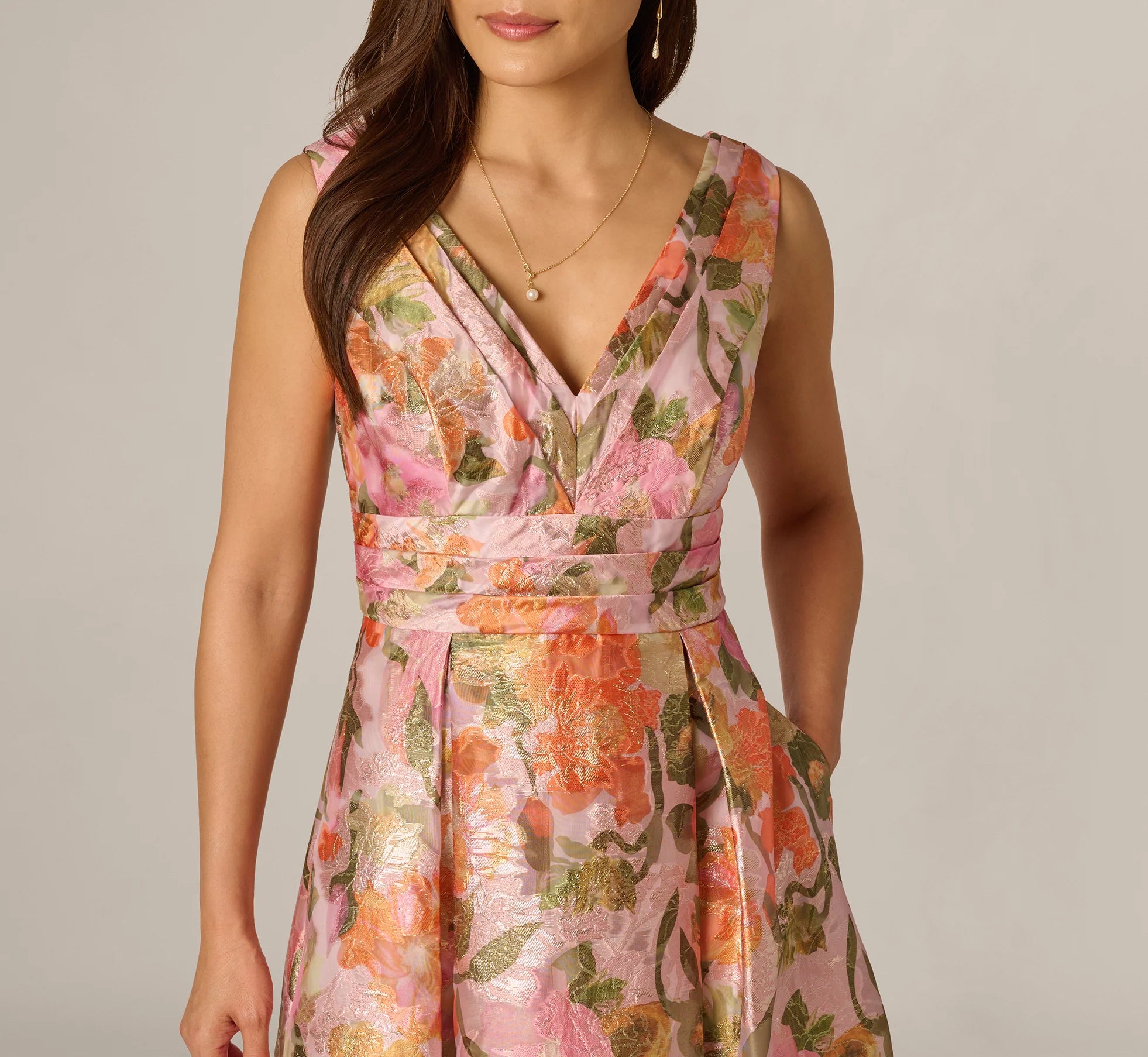 Metallic Floral Jacquard High Low Gown In Yellow Orange Multi