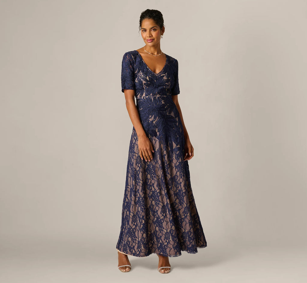 Short Sleeve Lace Soutache Embroidery Gown In Navy Nude