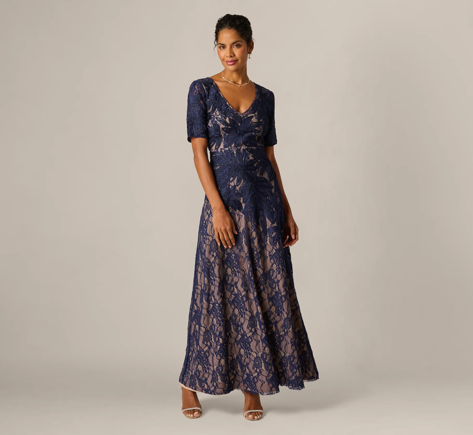 Short Sleeve Lace Soutache Embroidery Gown In Navy Nude