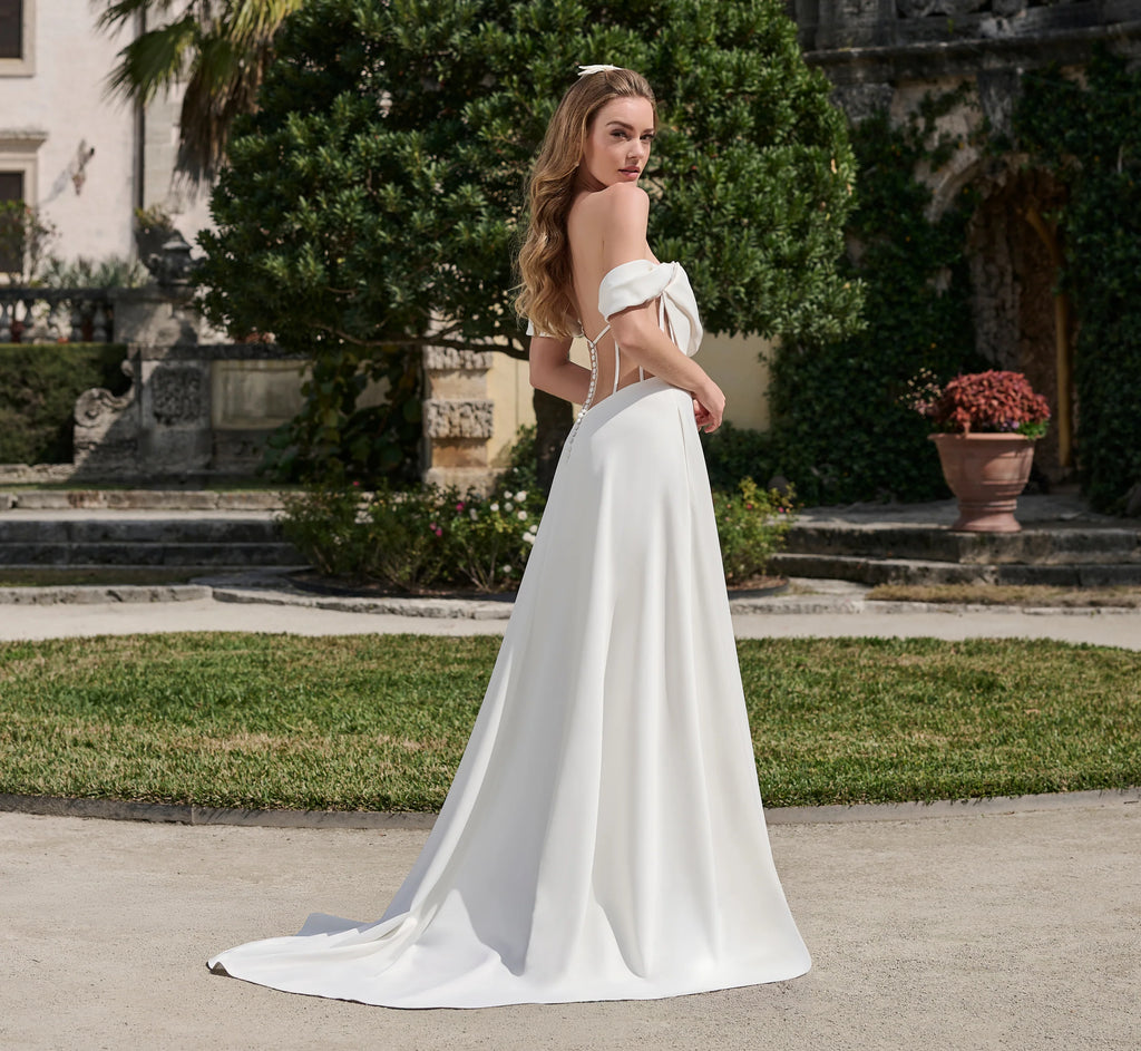 Scuba A-line gown with slit in Ivory