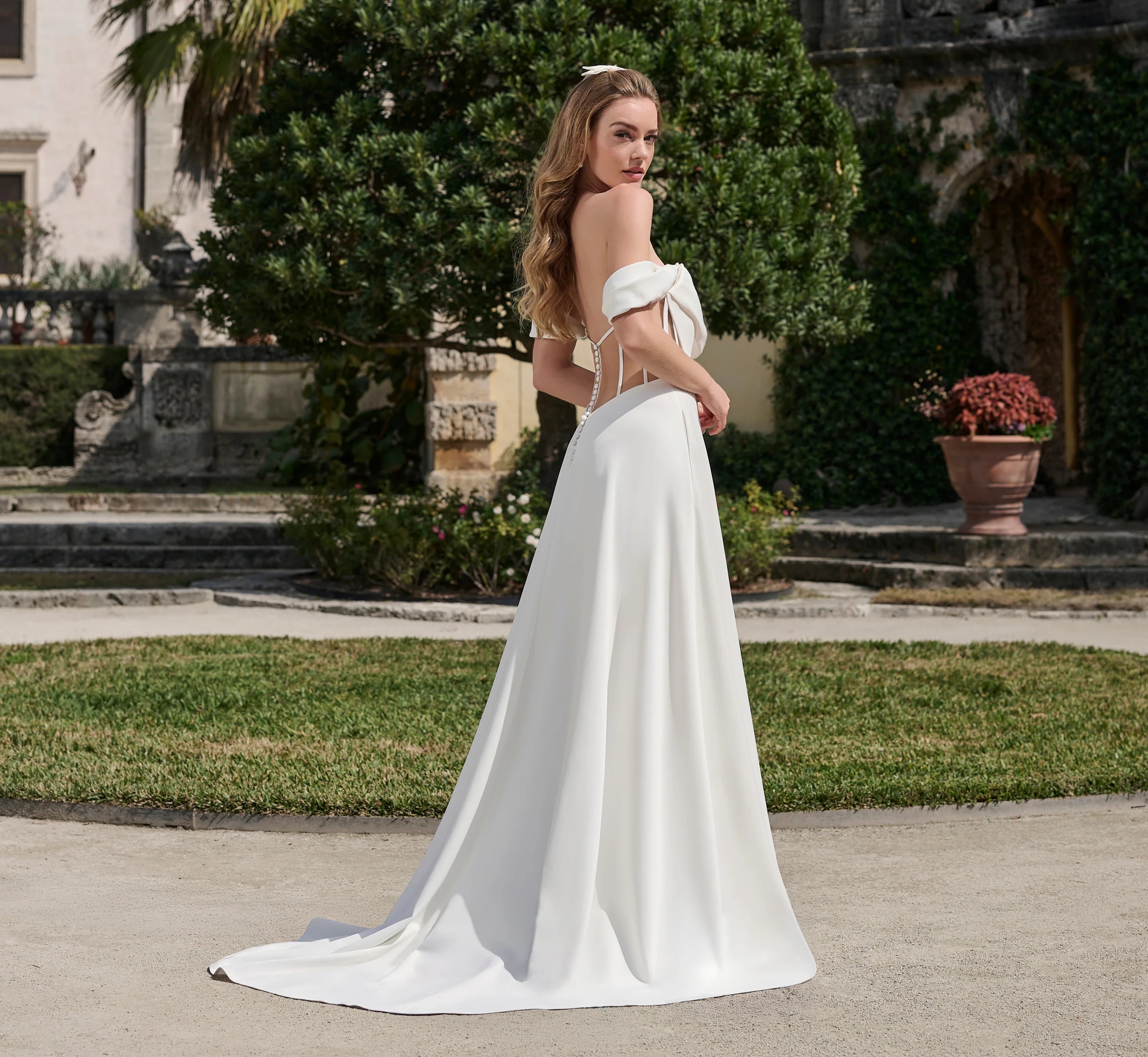 Scuba A-line gown with slit in Ivory
