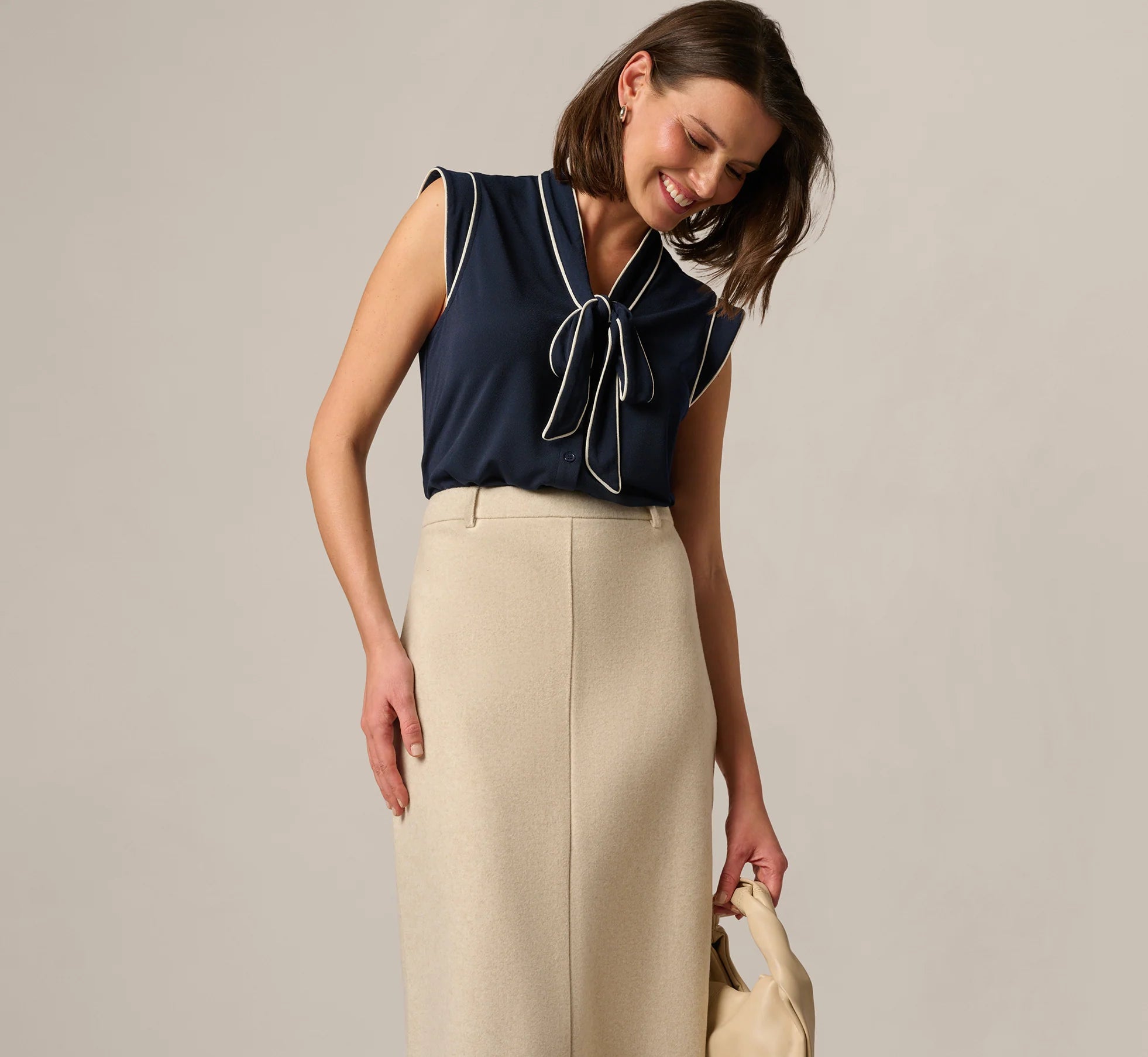 Cap Sleeve Tie Neck Blouse In Blue Moon Ivory