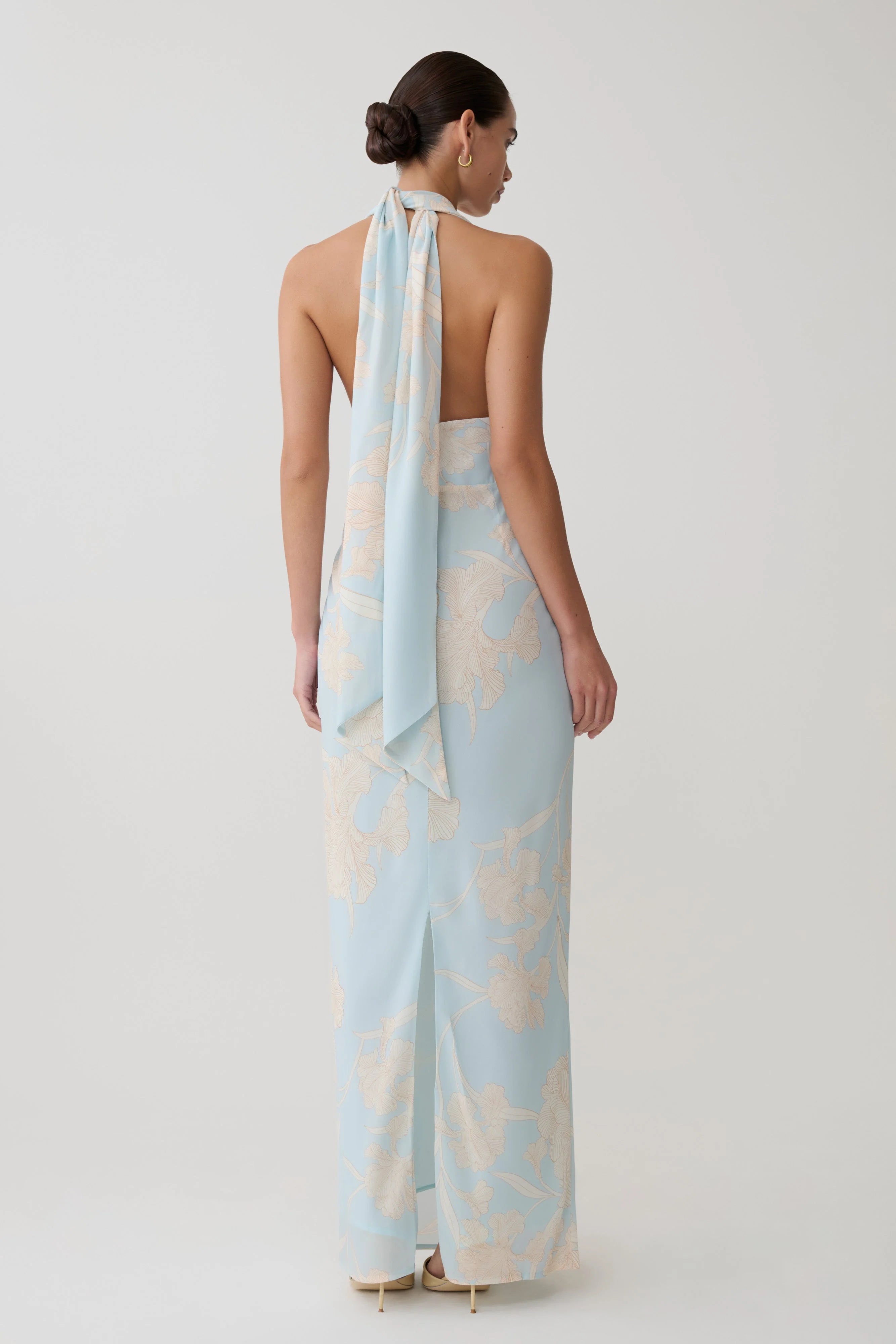 Nadine Halter Scarf Chiffon Maxi Dress - Blue Floral Print