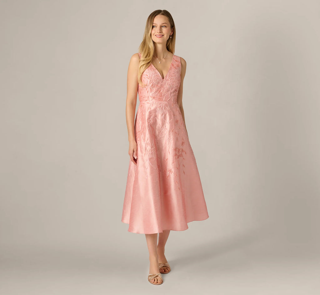 Floral Embroidered Dupioni A Line Midi Dress In Light Pink