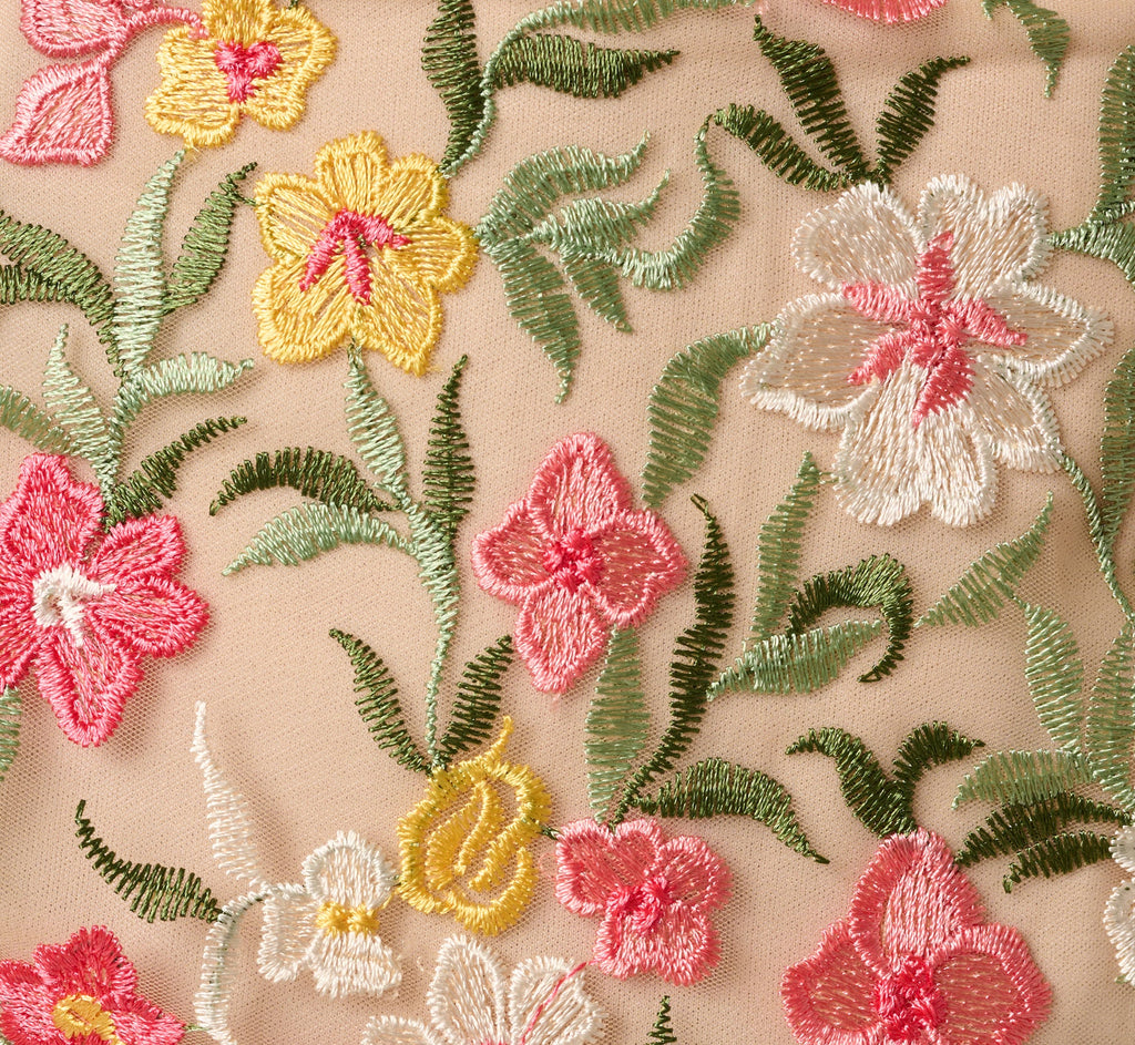 Floral Embroidered Illusion Sheath Dress In Coral Multi