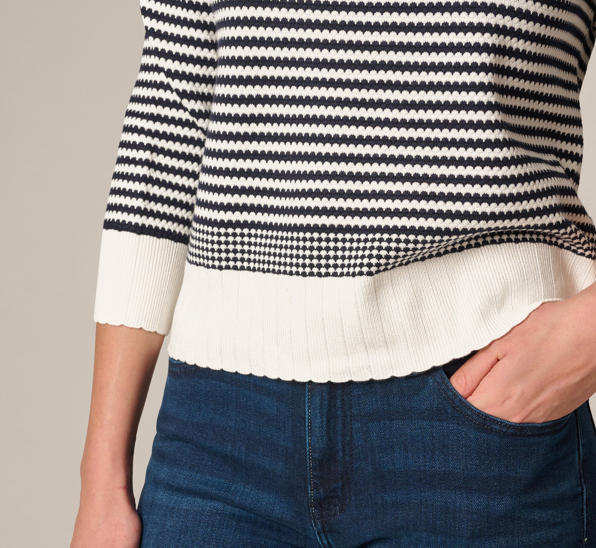 Three Quarter Sleeve Stripe Knit Sweater Top In Ivory Navy
