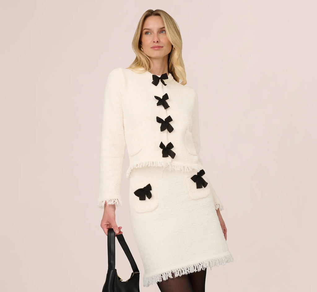 Chenille Boucle Bow Cardigan In Ivory Black