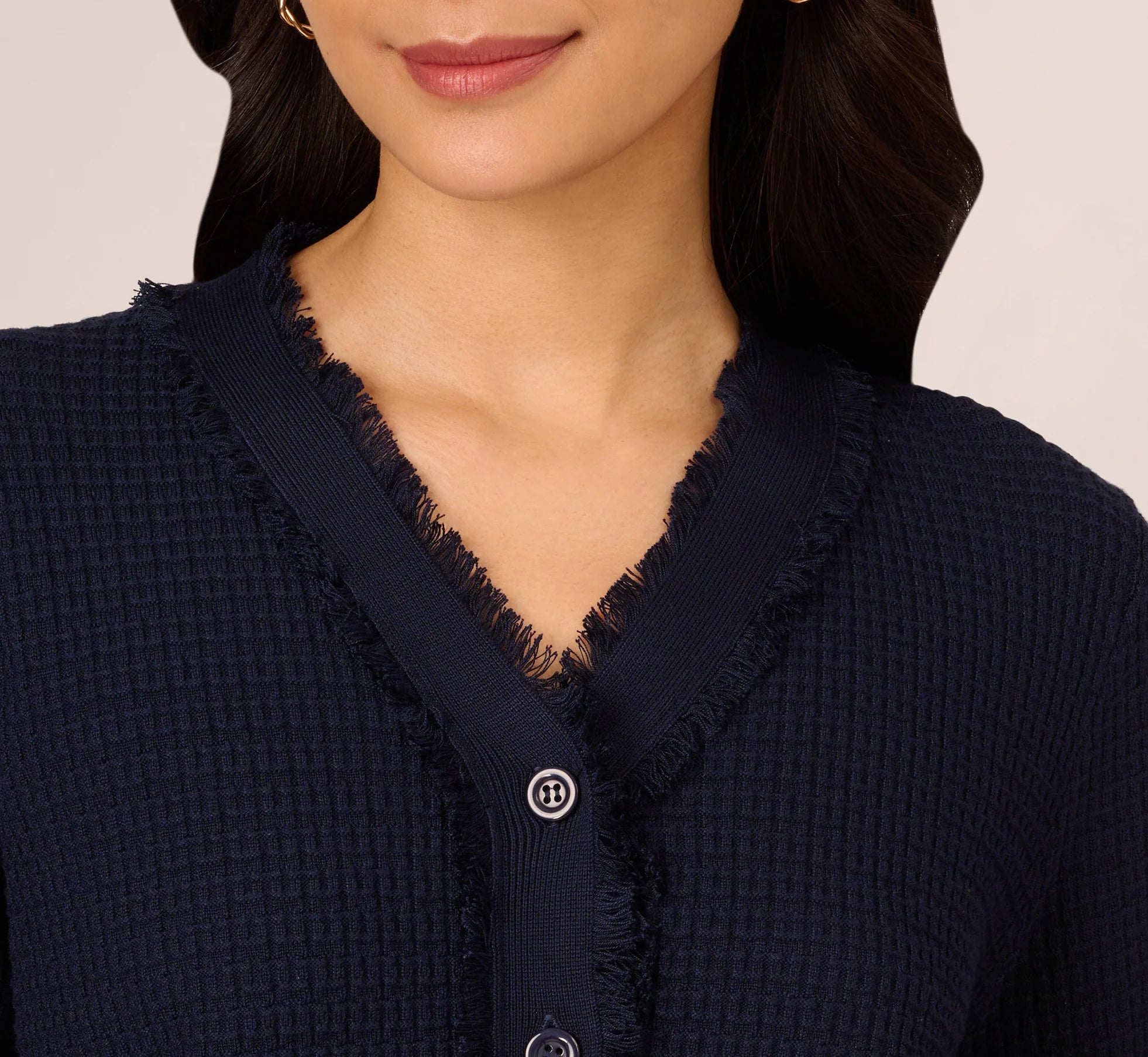 Waffle Knit Cardigan Sweater With Frayed Edges In Blue Moon