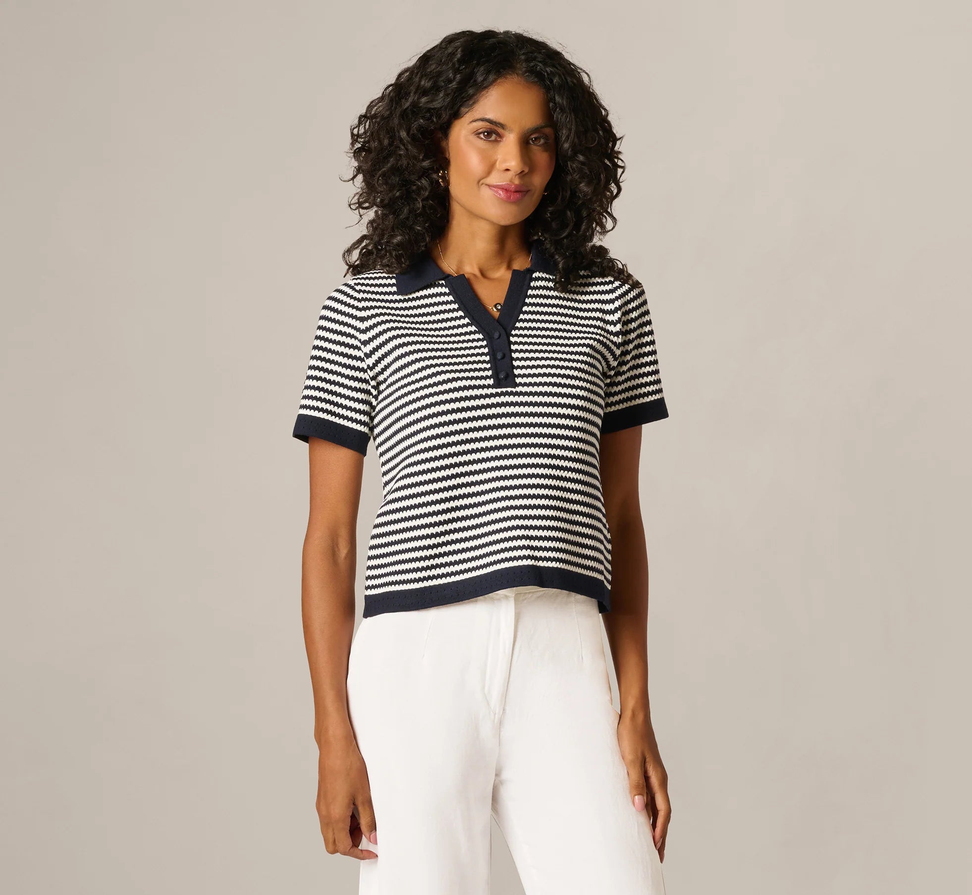 Short Sleeve Polo Collar Sweater In Blue Moon Ivory