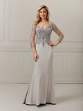 Hand-Beaded Crepe Long Sleeve Trumpet Gown