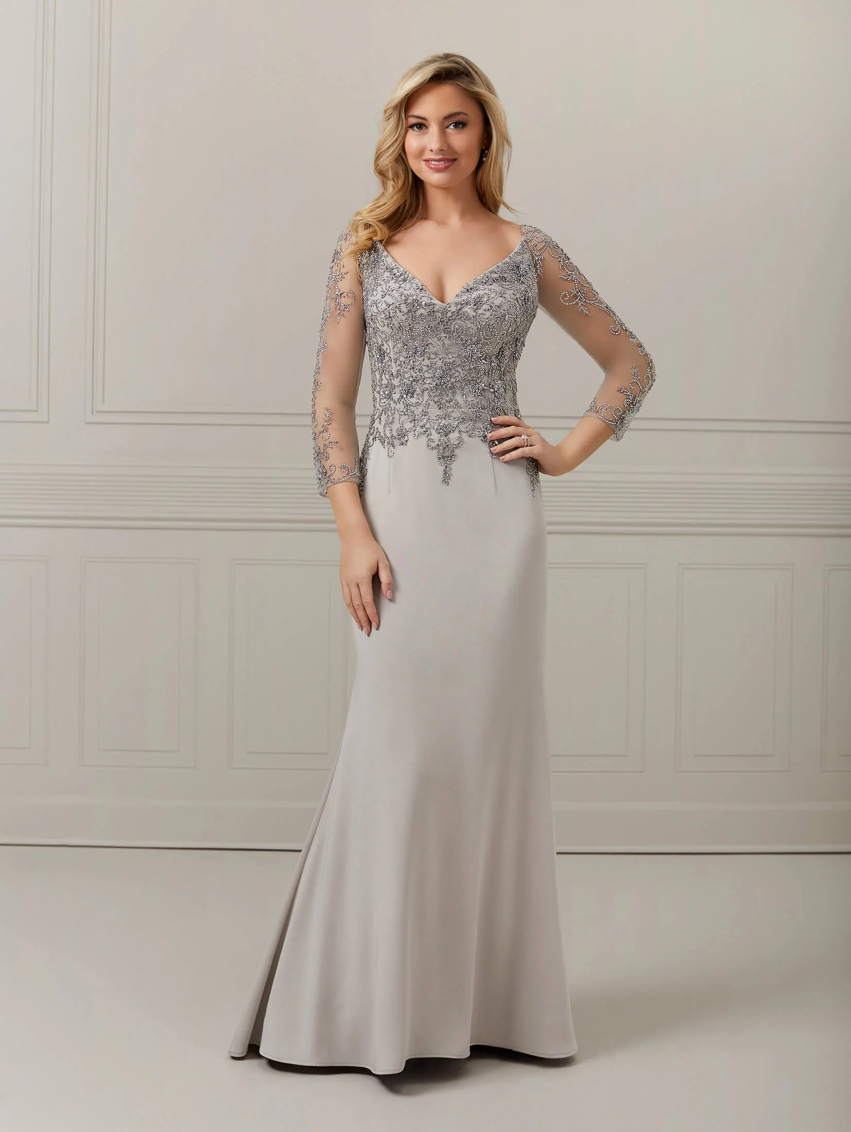 Hand-Beaded Crepe Long Sleeve Trumpet Gown