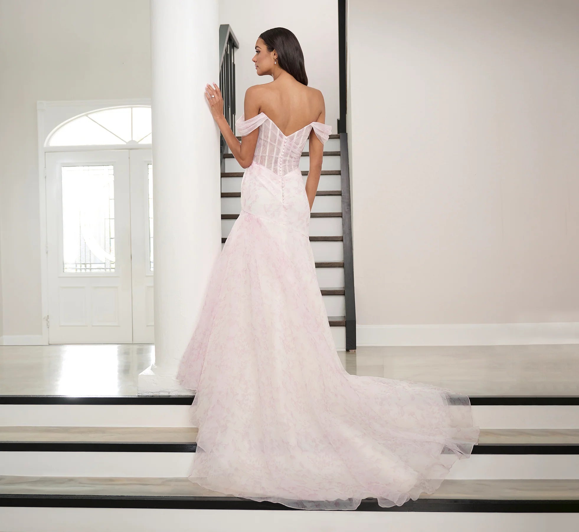 Watercolor Printed Organza Gown In Blush Multi