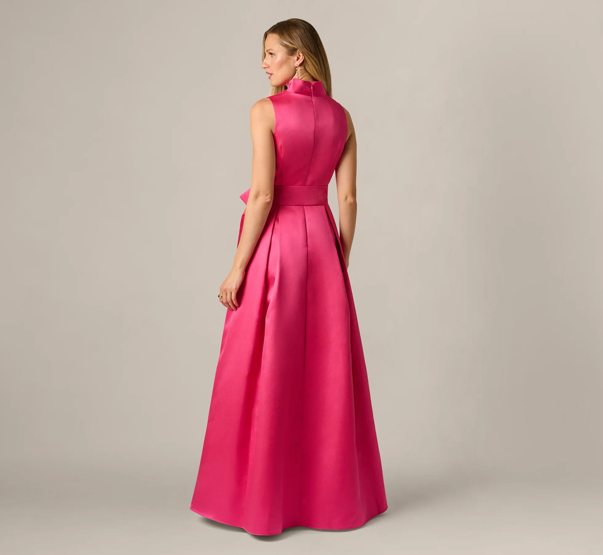 Sleeveless Queen Anne Tie Front Ballgown In Electric Pink
