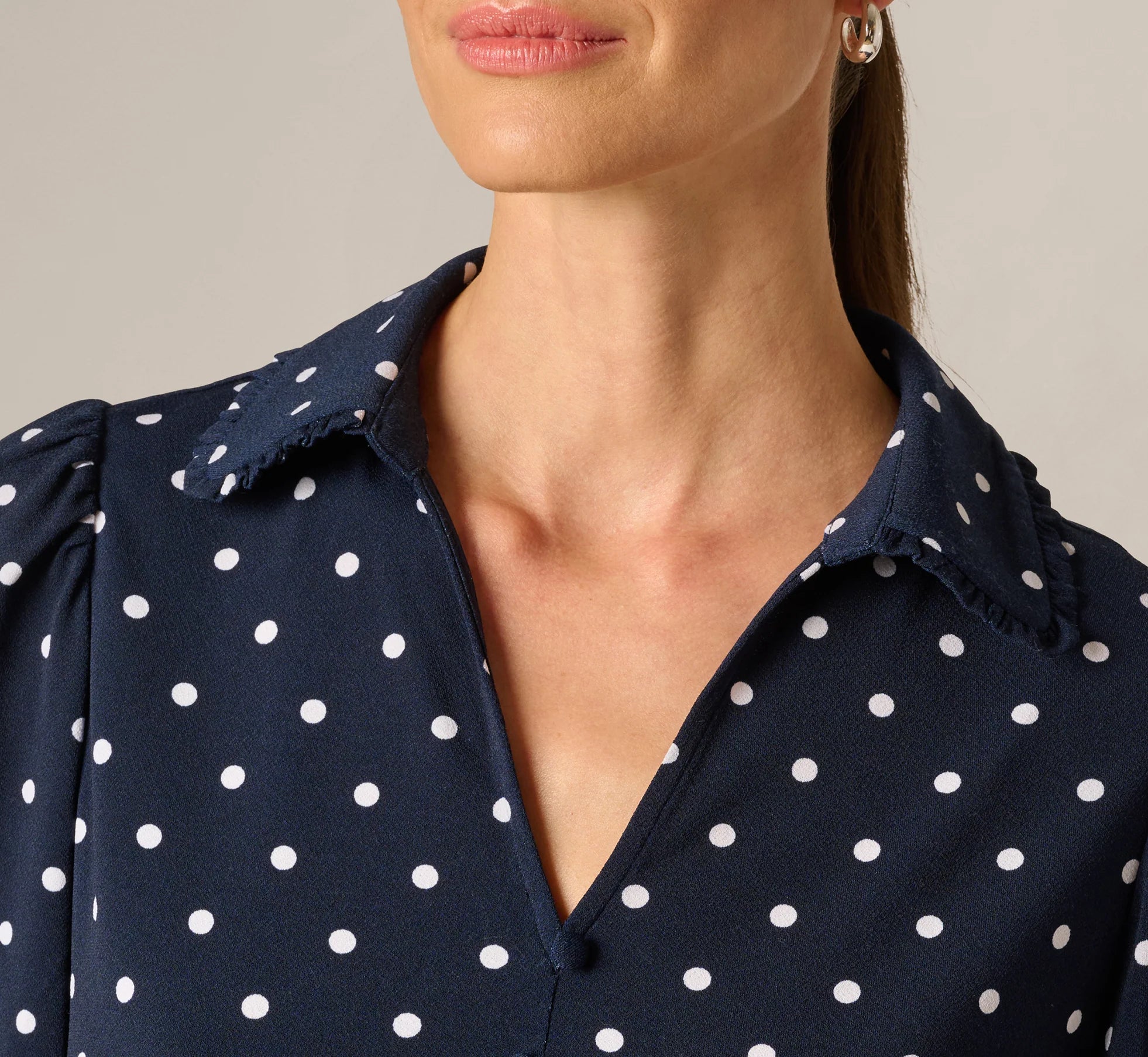 Puff Sleeve Ruffle Collared Top In Navy Ivory Timeless Dot