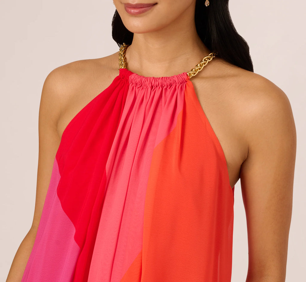 Color Block Chiffon Trapeze Dress With Chain Halter Neckline In Red Multi