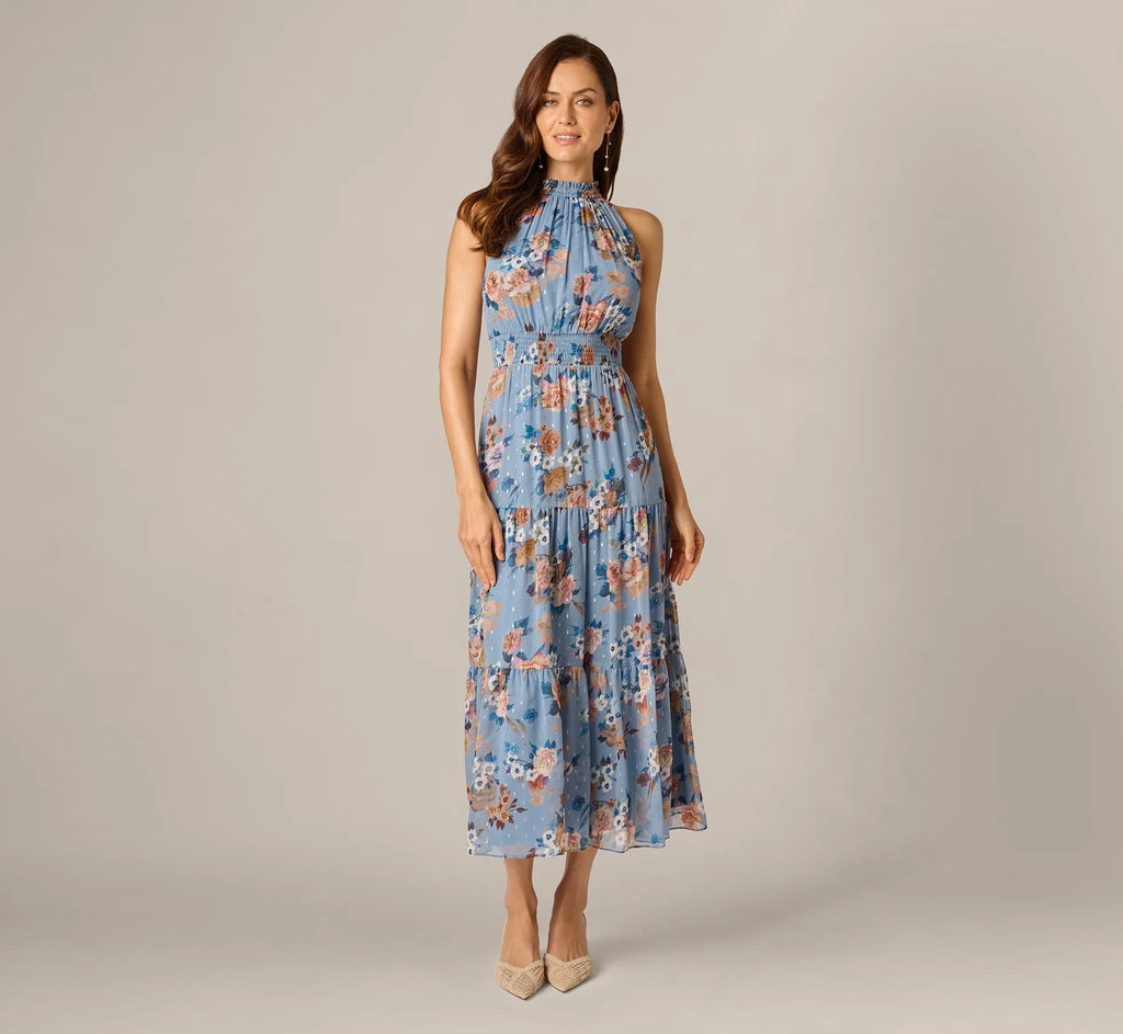 Floral Meta Chiffon Tiered Halter Midi Dress In Blue Multi