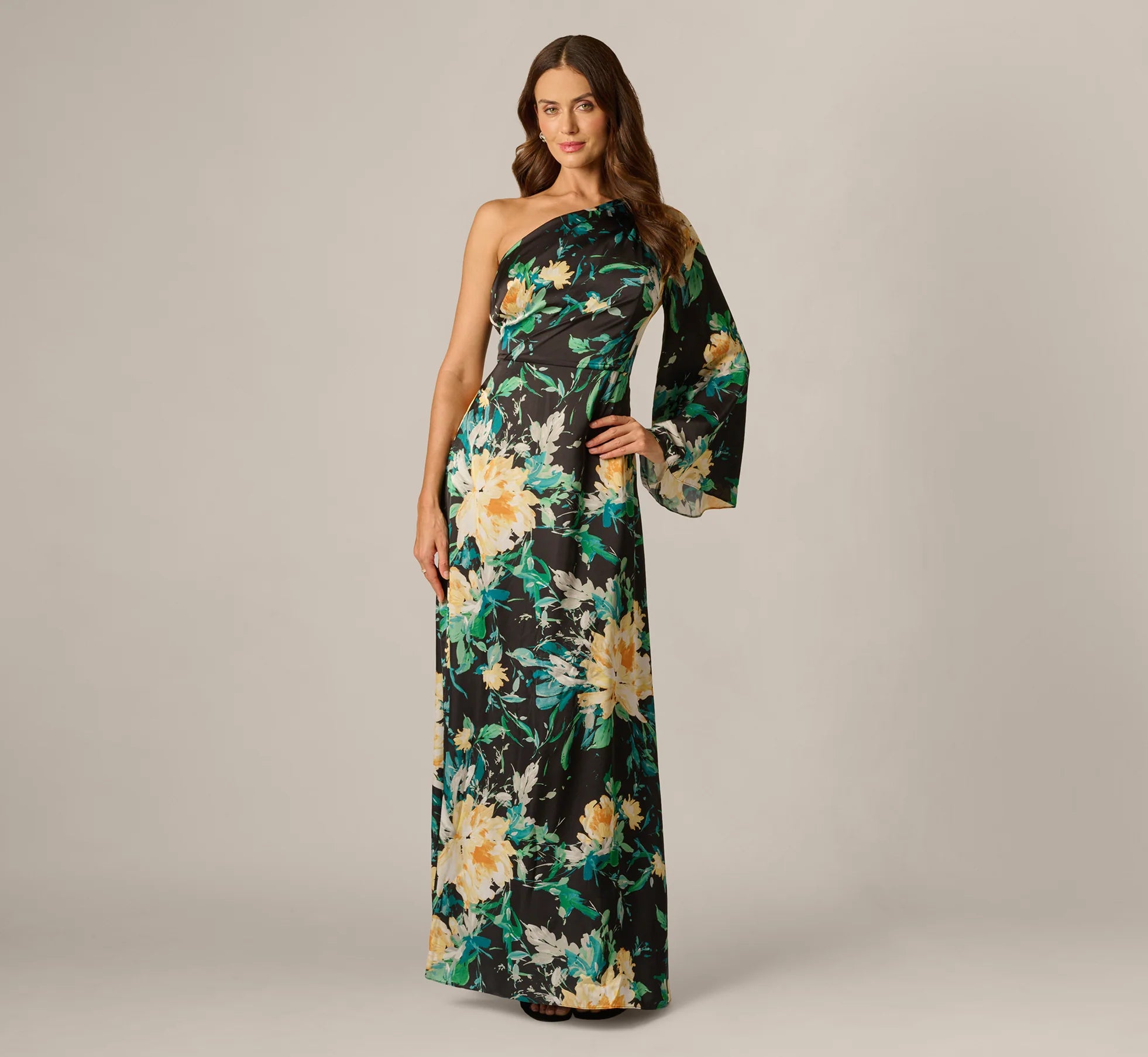 One Shoulder Long Sleeve Floral Satin Gown In Black Multi