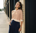 Three Quarter Sleeve Stripe Knit Sweater Top In Cream Camel