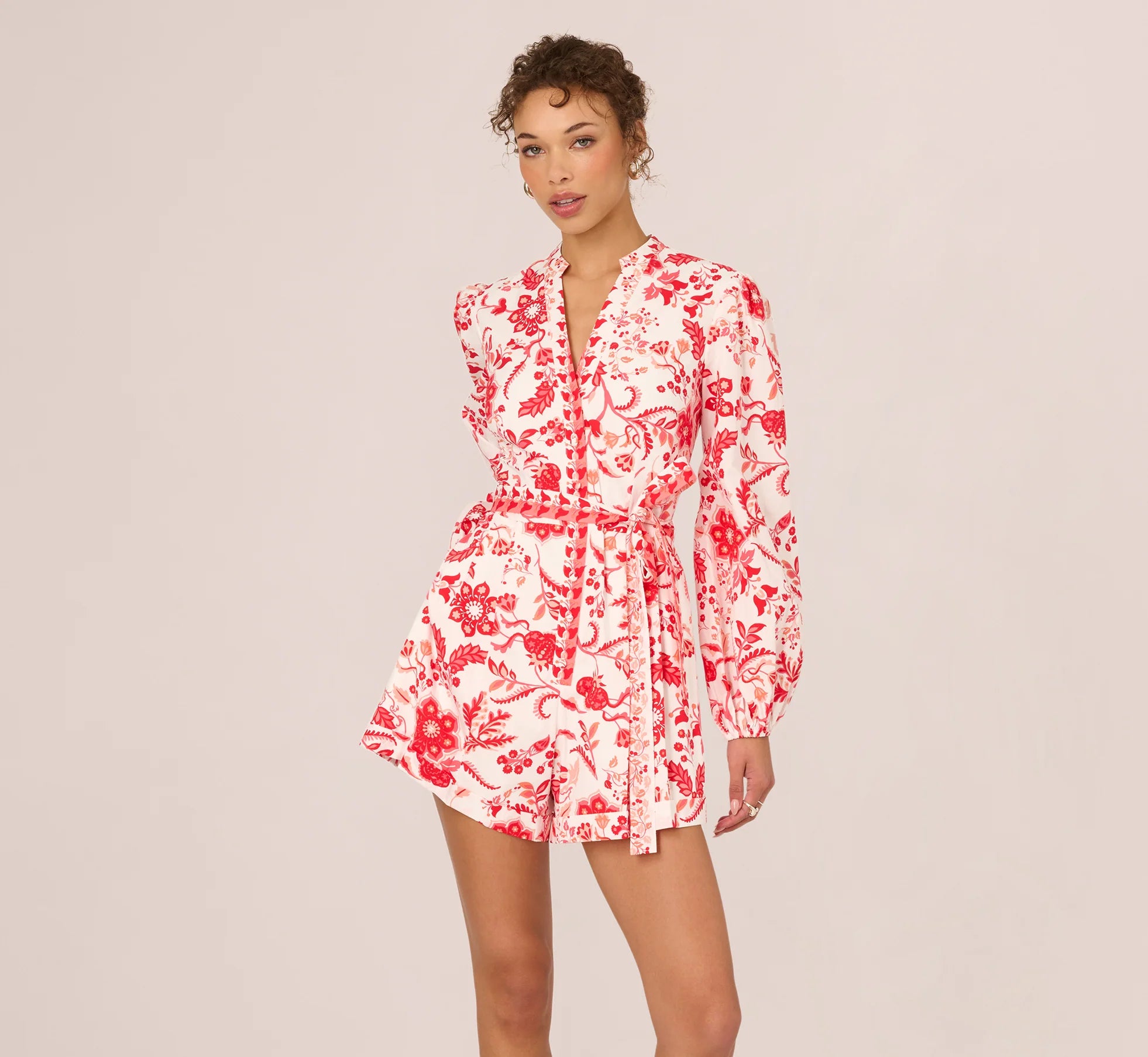Long Sleeve Tie Front Floral Romper In White Coral Multi