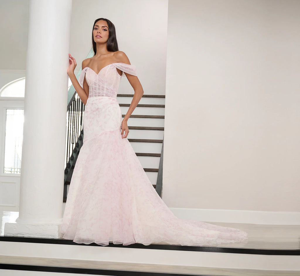 Watercolor Printed Organza Gown In Blush Multi