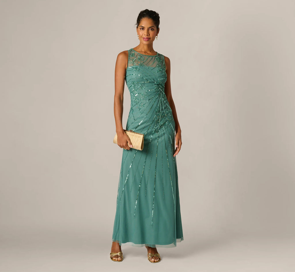 Floral Beaded Illusion Mermaid Gown In Green Slate