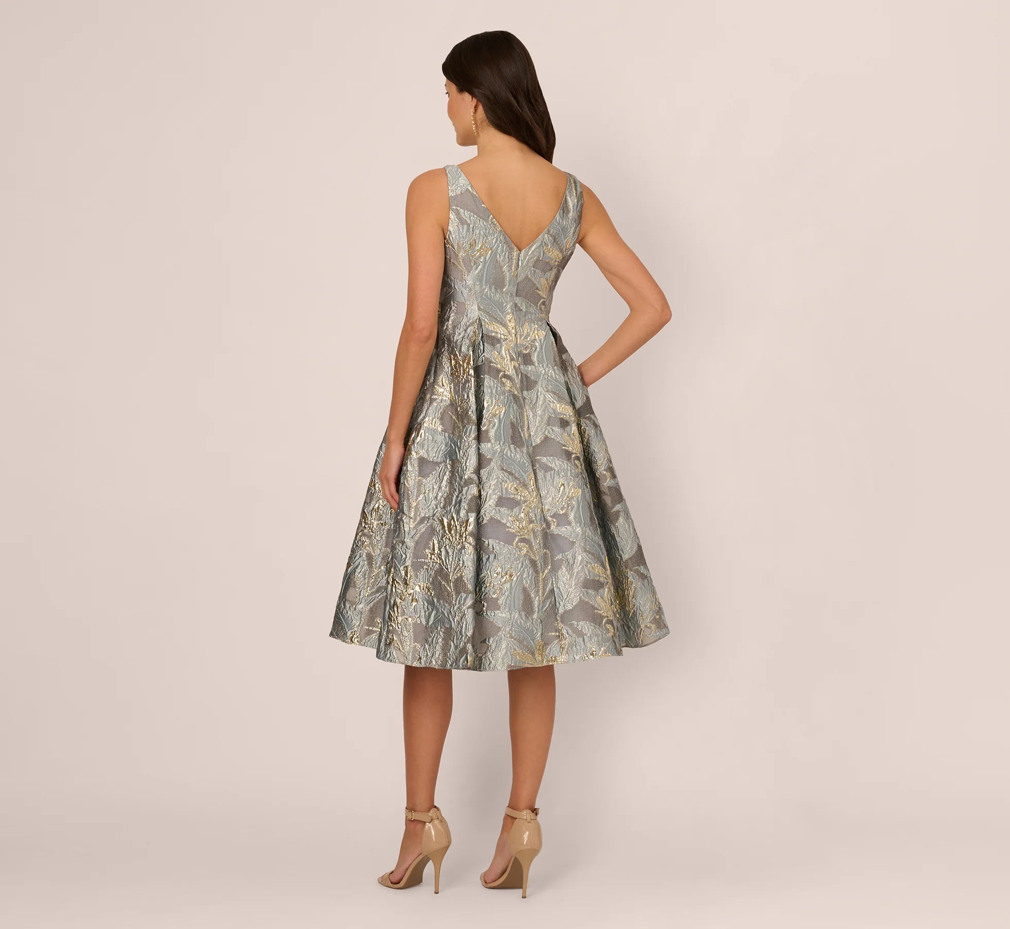 Tea Length Jacquard Dress With Sleeveless Bodic In Slate