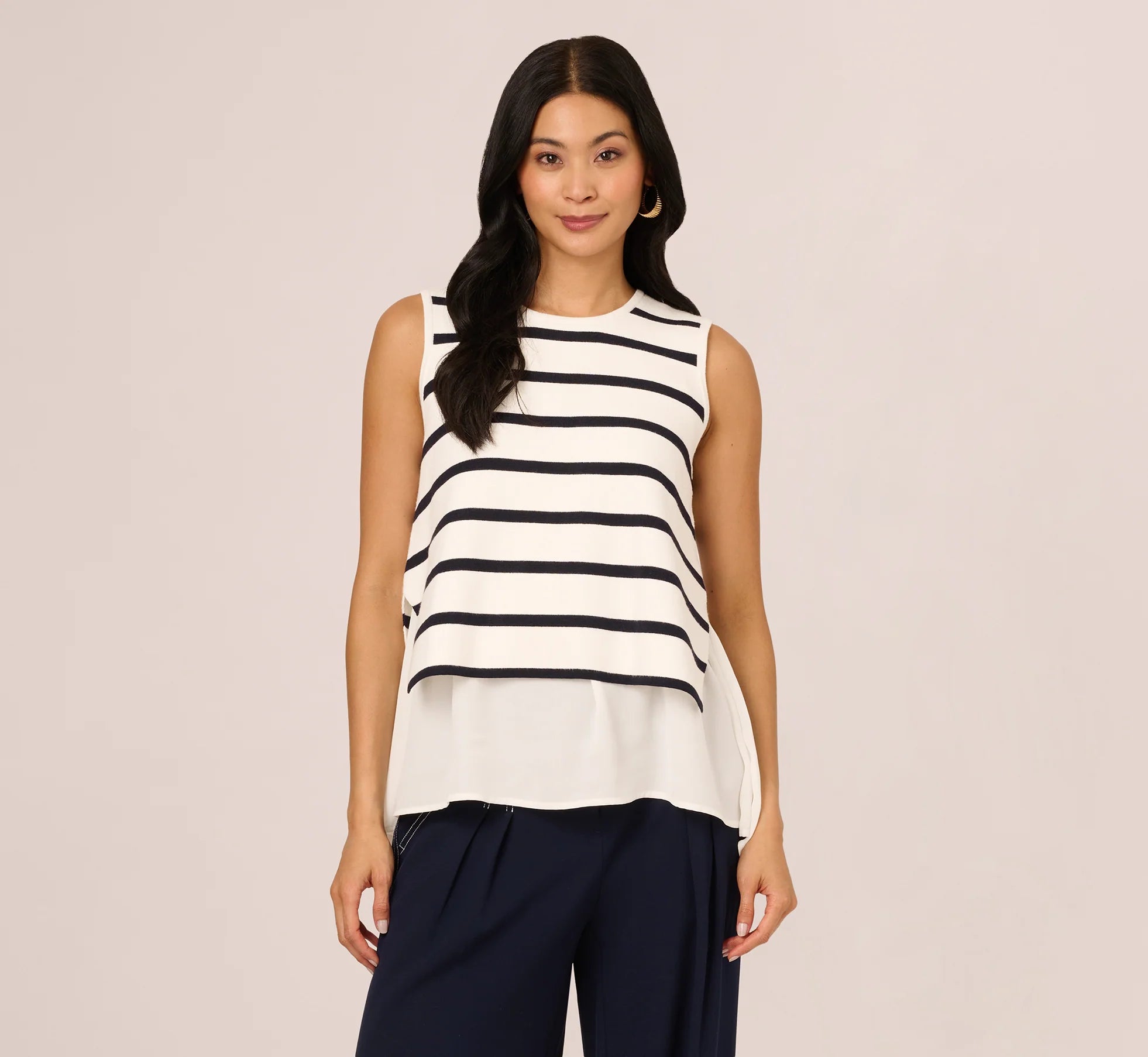 Tie Back Twofer Tank Sweater In Ivory Navy W  Ivory