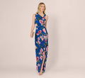 Asymmetrical Draped Floral Chiffon Gown In Dark Blue Multi