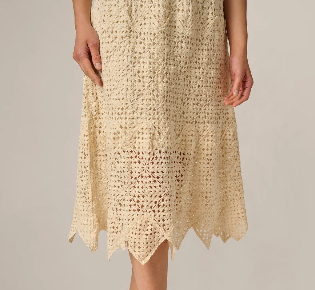 Crochet Knit Dagger Hem Midi Skirt In Cream
