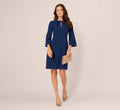 Bell Sleeve Stretch Crepe Keyhole Sheath Dress In Navy Sateen