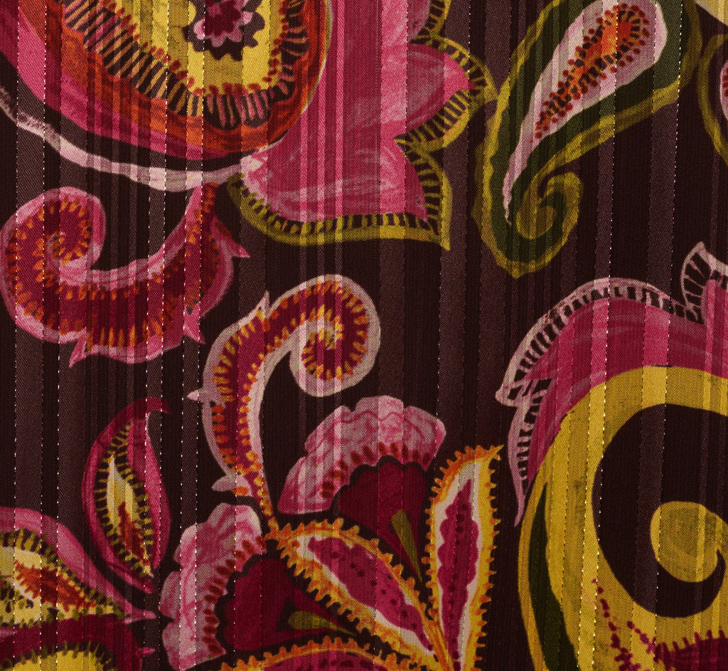 Long Sleeve Paisley Chiffon Trapeze Dress In Brown Multi