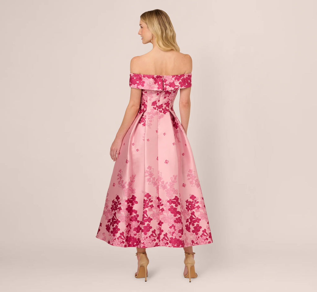 Floral Jacquard Ankle Length Dress With Off The Shoulder Neckline In Pink Multi