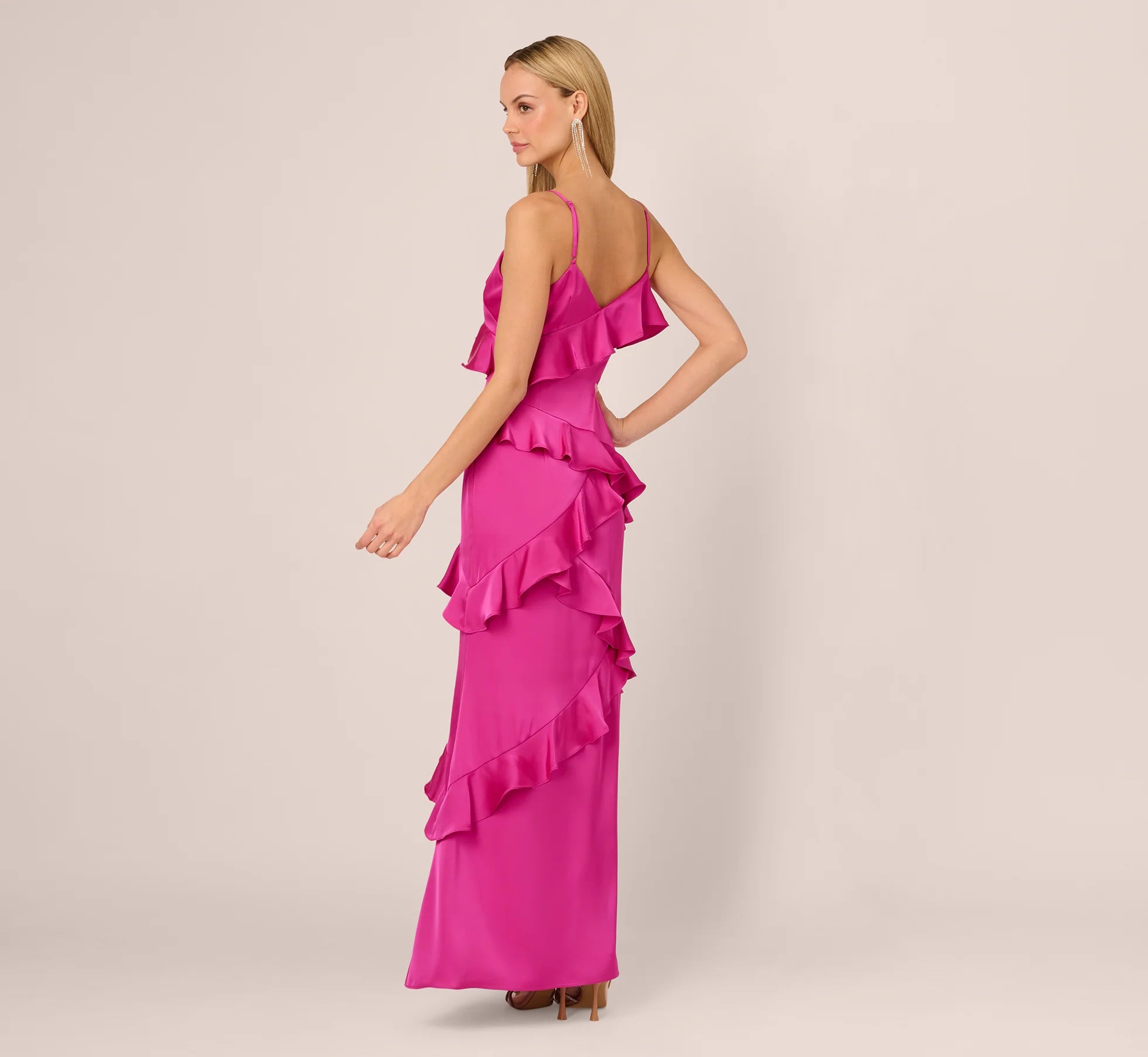 Satin Cascade Ruffle Slip Gown In Electric Passion